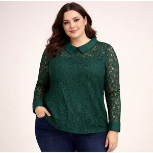 MODCLOTH Emerald Green Lace Peter Pan Collar Sheer Preppy Whimsigoth Blouse XL